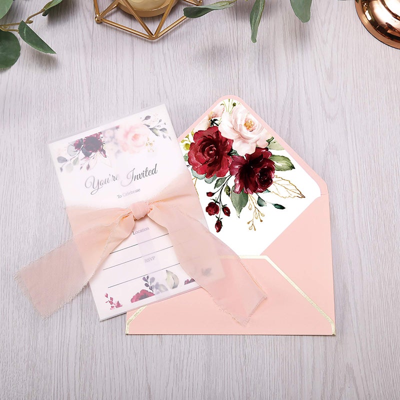 DORIS HOME 25PCS Invitations Cards for Bridal Shower Invite/Baby Shower/Wedding/Rehearsal (25PCS Pink Burgundy Flower Fill-in) - Image 5